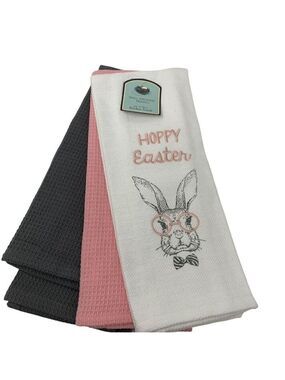 Farmhouse Easter Kitchen Towels Spring Holiday Bunny Rabbit Home Decor Pink Gray